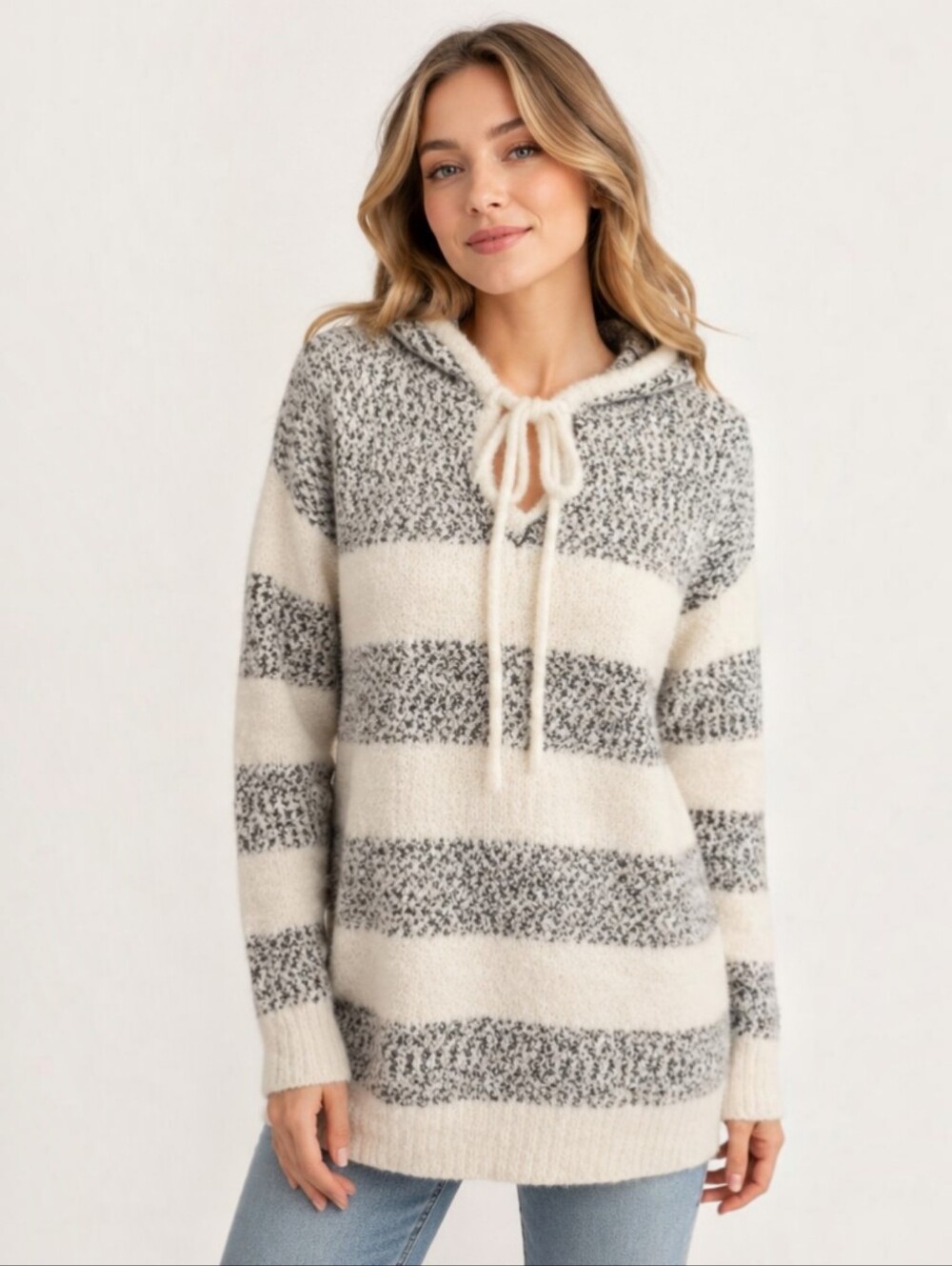 LOFT Bouclé Knit Hooded Sweater Creamy White/Gray Hoodie Large